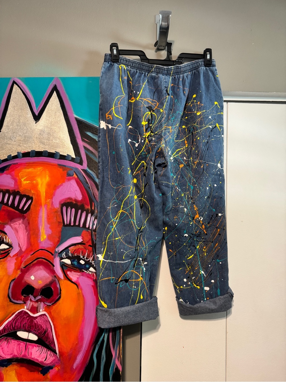 Upcycled Hand Painted High Waisted Elastic Denim Jeans Splatter Plus 14 - Picture 7 of 11